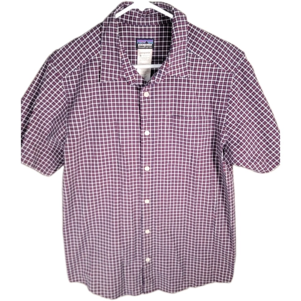 Patagonia Shirt Mens Medium Blue Red Plaid Short Sleeve Organic Cotton Steersman